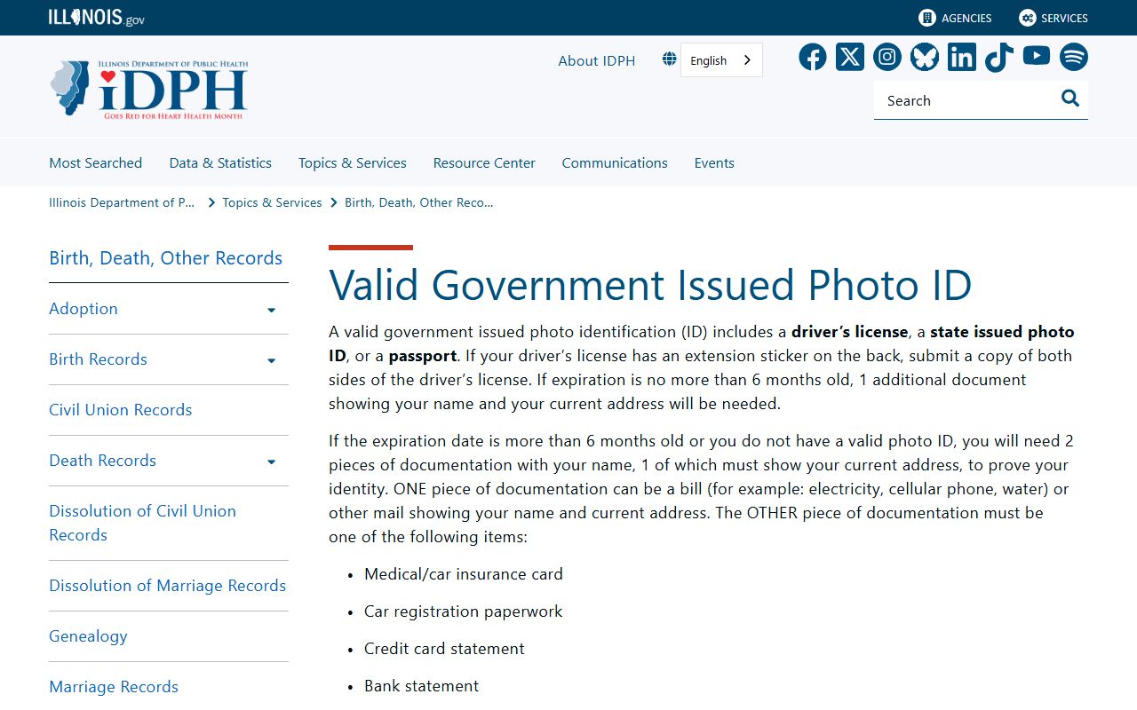 Illinois IDPH valid government-issued photo ID requirements for divorce record requests