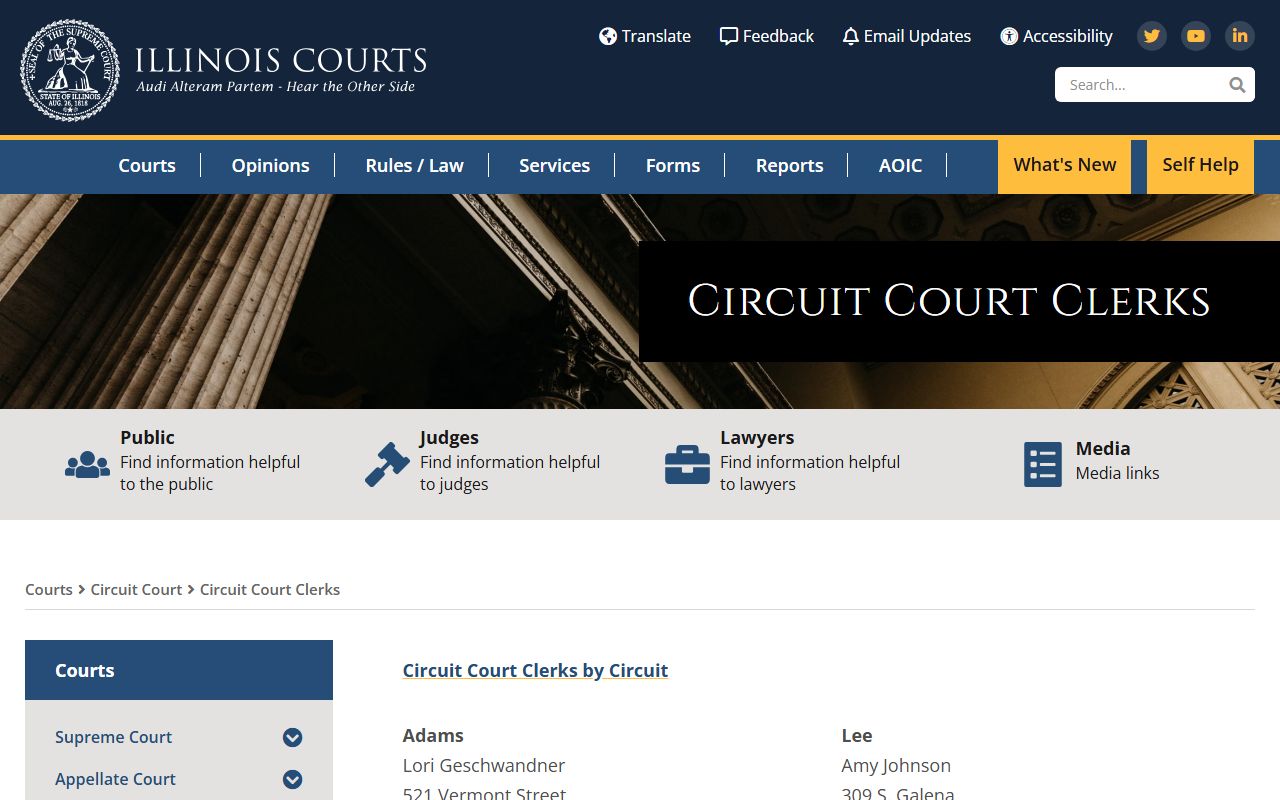 Illinois Courts circuit court clerk directory for divorce records