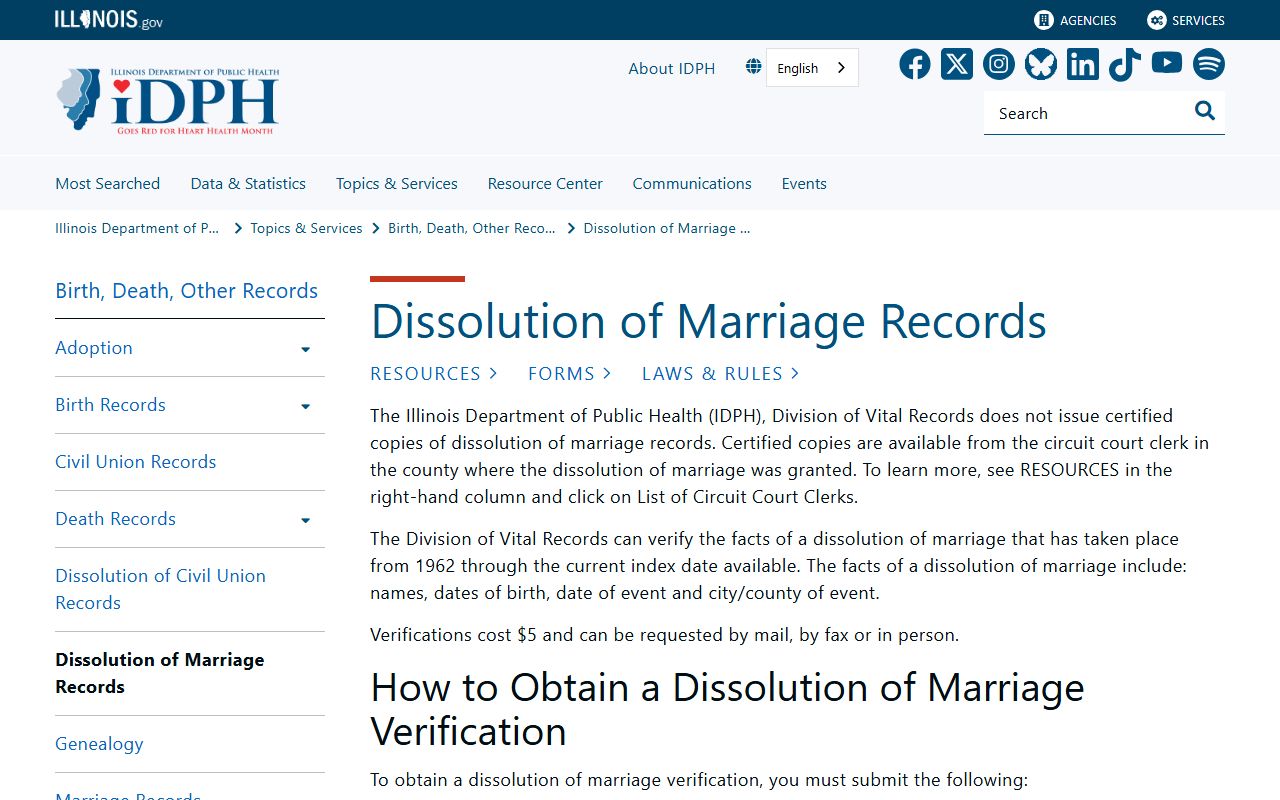 Illinois IDPH dissolution of marriage records information page